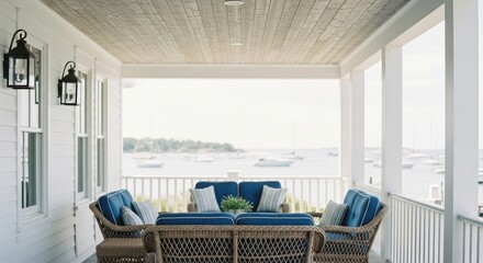 Coastal Porch with Ocean Views and Blue Cushions - Hamptons Outdoor Living for Website Headers