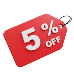 3D Illustration of Red Tag Featuring Five Percent Off for Shopping Sale