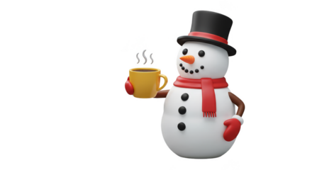 3d Illustration of White Snowman Holding Cup with Transparent Background
