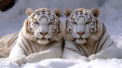 Majestic White Tigers Resting in Snow