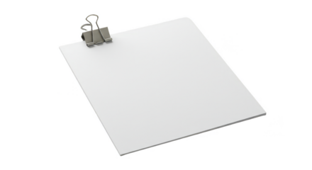 3D Render of Blank White Paper with Binder Clip on Transparent BG