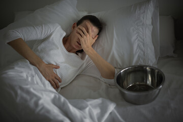 Stomach ache. Woman having abdominal pain, indigestion, gastritis, menstrual cramps, flatulence,...