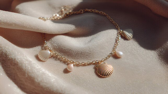 Elegant golden chain bracelet adorned with delicate shell and pearl charms on a soft, shimmering fabric.