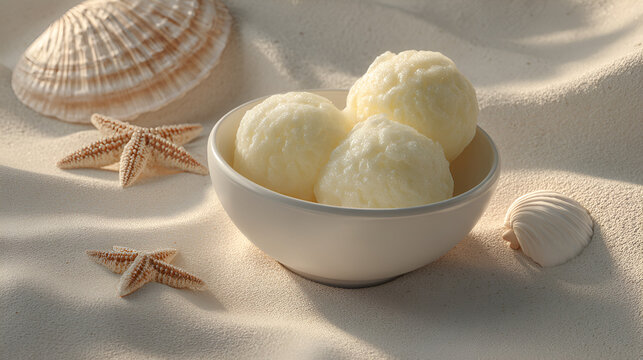 Refreshing snow dessert in a bowl, beachy vibe with starfish and shell on sandy backdrop. Summer treat