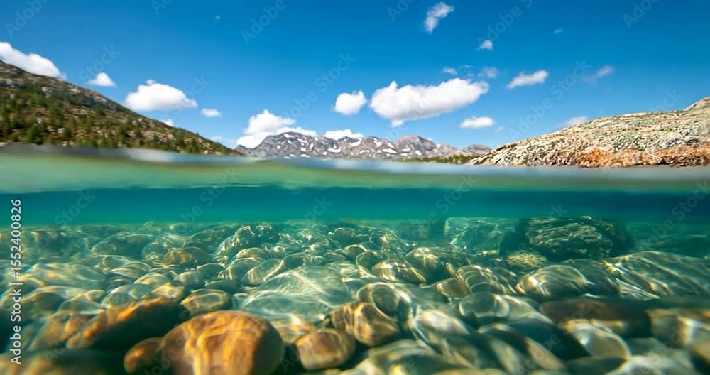 Poster split-level view of a clear lake with rocks and underwater textures under a bright blue sky with mou