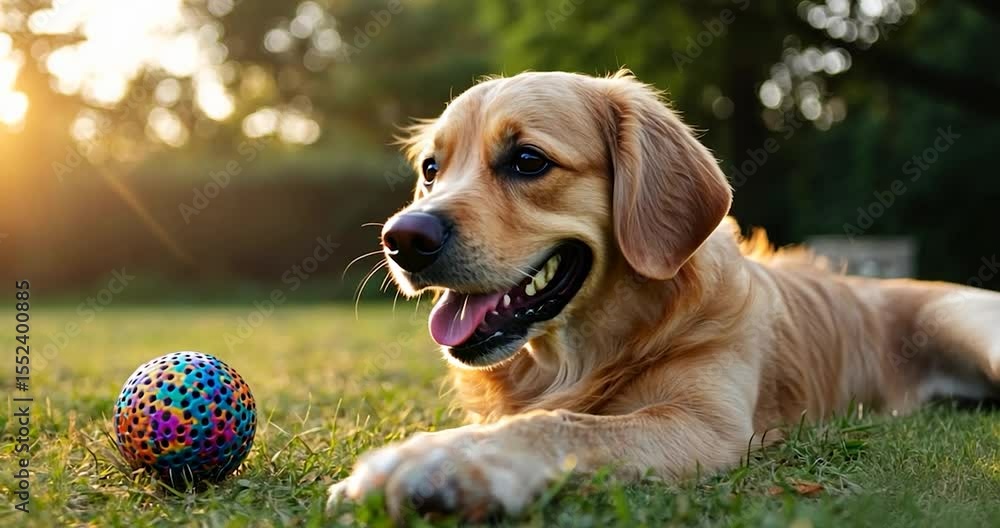 Poster happy generic dog lying on green grass with colorful ball in sunny backyard setting at sunset with w