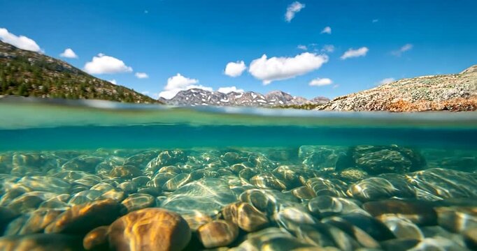 Split-level view of a clear lake with rocks and underwater textures under a bright blue sky with mountain range background landscape in daylight. This is a video screenshot