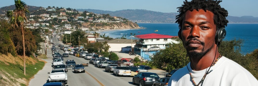 Man Wearing Headphones with Coastal Cityscape View