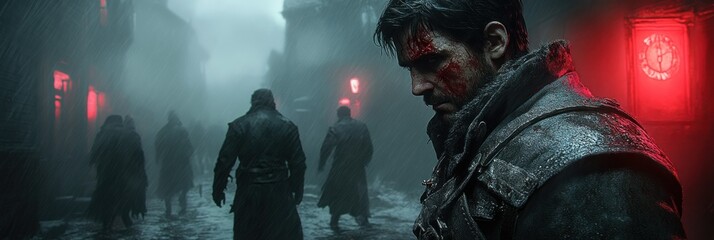 Man with bloody face in rainy street at night.