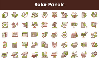 A diverse collection of solar panel icons illustrating renewable energy concepts, featuring modern designs and eco-friendly elements in soft green and earthy tones.