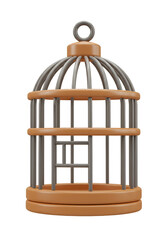 3D Render Empty Vintage Birdcage Brown Gray Metal on Transparent Background
