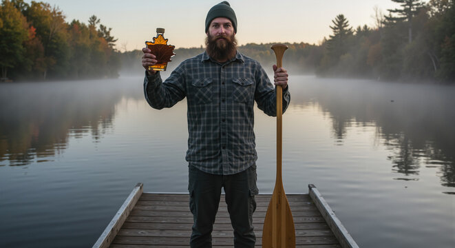 Bearded man holding a bottle of maple syrup and a paddle on a dock by a misty lake surrounded by trees in autumn