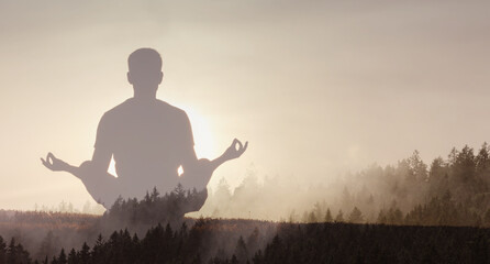 Man meditating and practicing yoga in a calm morning setting. Recreation, self care, yoga training,...