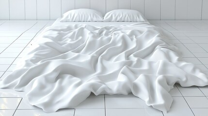 Minimalist All-White Bedroom Scene with Bed and Pillows
