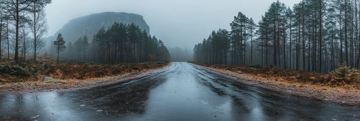 Misty Road Through a Forest Landscape