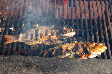 fish being grilled over open flames on a barbecue, seafood concept