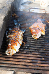 fish being grilled over open flames on a barbecue, seafood concept