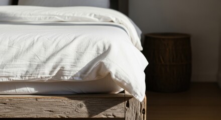 Minimalist bedroom with wooden bed frame and white linens, serene guest accommodation for vacation rental website banners
