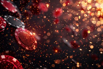 Red and black poker chips are falling on a sparkling dark background with golden and red glowing particles. Creating a dynamic and exciting atmosphere perfect for gambling and casino themed projects