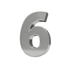 3D Rendered Silver Metallic Number Six on a Transparent Background