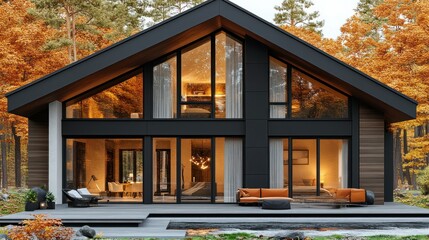 Modern home with panoramic windows in autumn forest setting