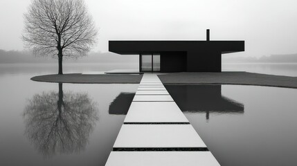 Modern House Reflection on Lake in Fog