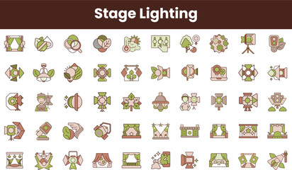 A collection of diverse stage lighting icons in a minimalist design featuring earthy tones. Ideal for theater, film, and event planning design projects.