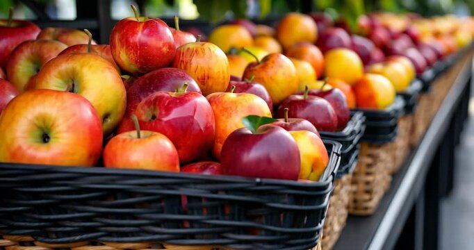 Video of vibrant apples arranged in baskets showcasing red yellow and orange hues with water droplets and natural lighting highlighting textures and freshness