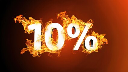 Burning white 10 percent symbol engulfed in vibrant orange flames against a dark red and black background, vividly illustrating themes of discount and inflation in the economy