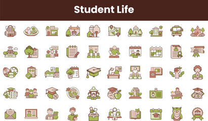A colorful collection of student life icons, featuring elements like food, school activities, and academic achievements, representing the vibrant essence of education.