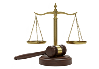 3D Rendering of Justice Balance Scale with Gavel on Transparent Background