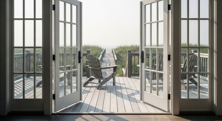 French doors opening to coastal deck with outdoor furniture, elegant seaside living for vacation rental website banners