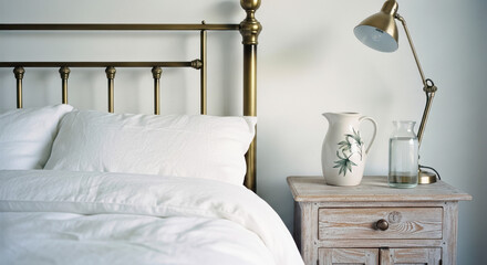 Cozy bedroom with brass bed frame and reading lamp, comfortable guest accommodation for hospitality and rental website banners