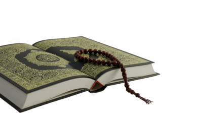 3D Rendering Quran with Prayer Beads Isolated Background Religion