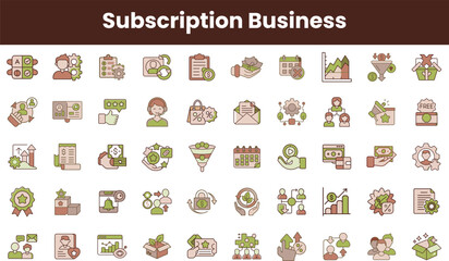 A collection of colorful icons representing various aspects of subscription business models, including sales, analytics, and customer engagement.