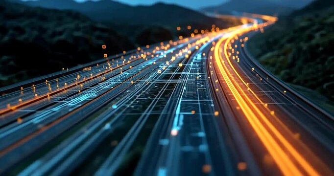 Video of glowing lights forming a highway symbolizing data transfer against a blurred mountain background suggesting speed and connectivity
