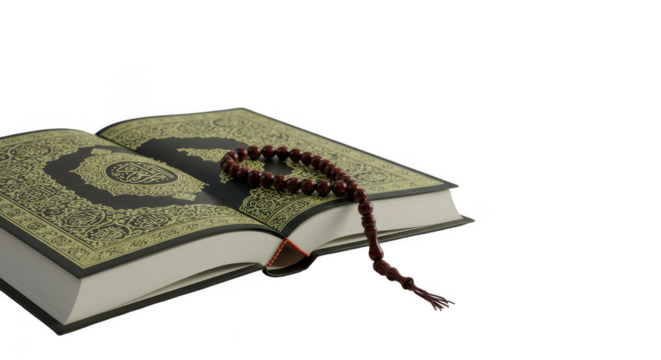 3D Rendering Quran with Prayer Beads Isolated Background Religion