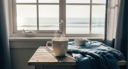 Morning coffee cup by bright window with cozy blanket, peaceful home lifestyle moment for hospitality and rental website banners