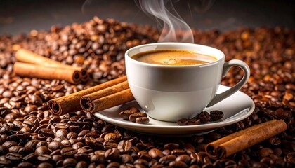 Naklejka premium Warm Aromatic Coffee Cup with Cinnamon Sticks and Coffee Beans