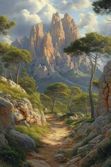 Mountain Trail with Rocky Cliffs and Pine Trees