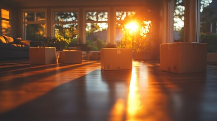 Moving Day: Cardboard Boxes Lit by Golden Sunlight