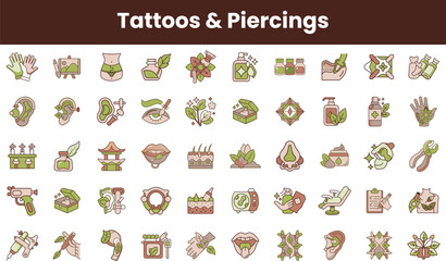 A vibrant collection of tattoo and piercing icons showcasing various designs, tools, and natural elements, perfect for illustrating body art and self-expression.