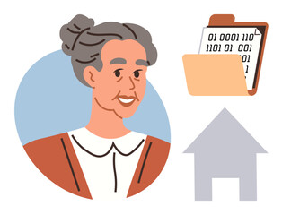 Elderly woman portrait, open folder with binary code, and house silhouette. Ideal for technology, archives, data management, digital transformation, home documentation, organization simple flat
