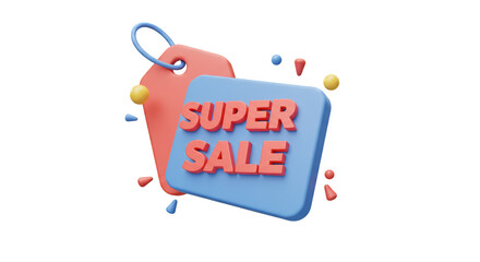 3d Rendering Super Sale Tag with Shopping Offer Isolated Background