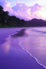 Mystical beach scene with a colorful sky at sunset.