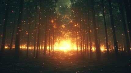 Mystical Forest Clearing with Glowing Light and Fireflies