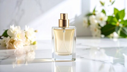 Elegant Glass Perfume Bottle with Floral Accents and Soft Lighting