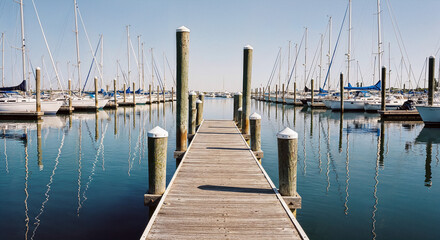 Hamptons marina with sailboat masts and wooden dock, classic coastal harbor scene for luxury vacation rental website banners and travel marketing headers