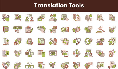 A collection of various translation tools icons, featuring diverse symbols related to language, communication, and technology in a vibrant, modern design.