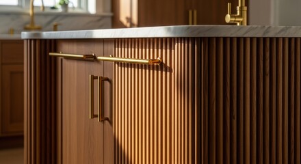 Hamptons modern kitchen island with fluted wood cabinetry and brass hardware, sophisticated coastal design for luxury home website banners and interior marketing headers